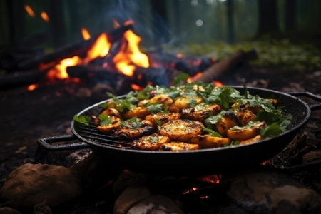Grilled meat with vegetables in a barbecue pan on a fire in the forest on a picnicの素材