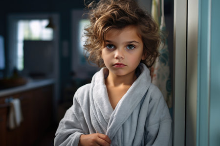 Boy in a bathrobe at home getting ready for bedの素材