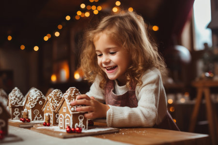 Little girl making gingerbread cookies houseの素材
