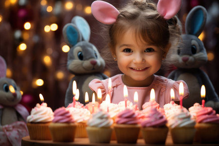 Young girl with birthday cake with candles on background of balloonsの素材