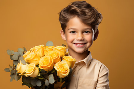 Boy on a yellow background holds bouquet of flowersの素材
