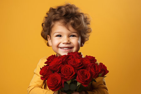 Boy holding a huge bouquet of rosesの素材