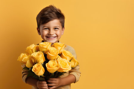 Smiling boy holding a bouquet of yellow flowers for a gift. Copy space for textの素材