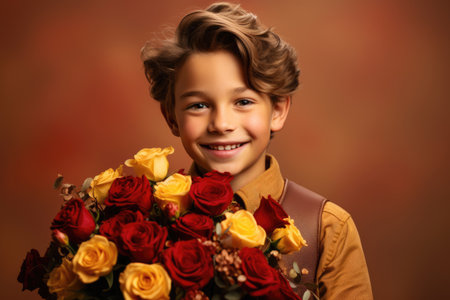 Boy holding a huge bouquet of rosesの素材