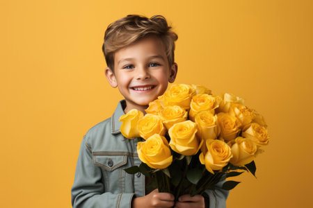 Boy on a yellow background holds bouquet of flowersの素材