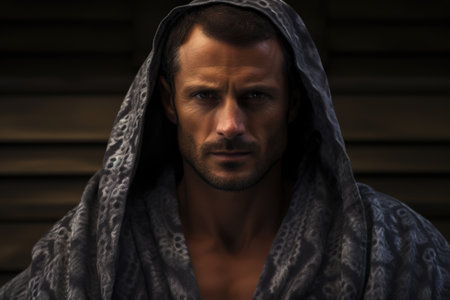 Man in bathrobe after a hard day at work, home comfortの素材