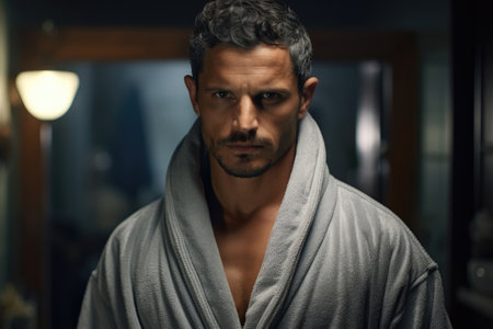 Man in bathrobe after a hard day at work, home comfortの素材