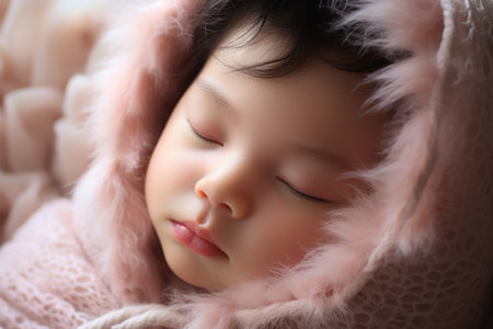 adorable baby boy sleeping in bedの素材