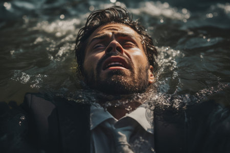 businessman in a suit swims or drowns in the water. Save and help business conceptの素材