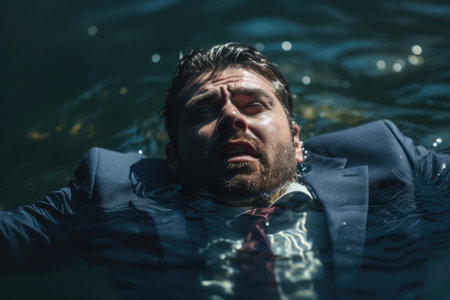 businessman in a suit swims or drowns in the water. Save and help business conceptの素材