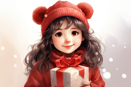 Young girl with gift box in drawing styleの素材