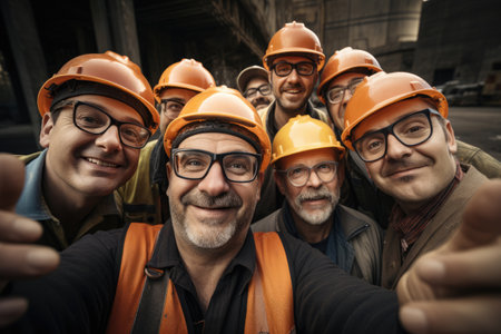 Selfie of positive builders, repairmen at a construction siteの素材