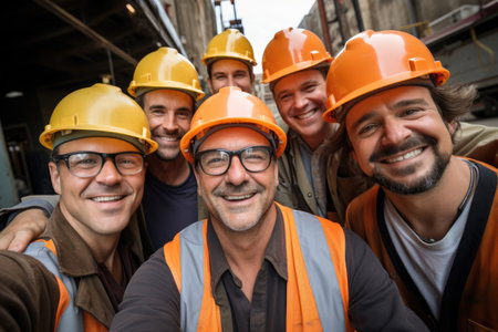 Selfie of a team of engineers and buildersの素材