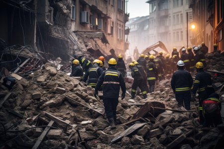 Rescuers search for a destroyed house due to the warの素材