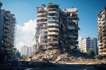 multi-storey building destroyed by war after being hit by missiles or a shellの素材