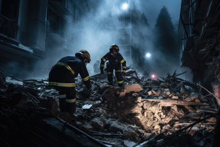 Rescuers are searching for people in a damaged houseの素材