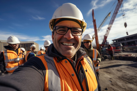 Selfie of builders, engineer at construction site in safety helmetの素材