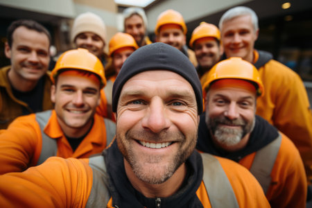 Selfie of a team of engineers and buildersの素材