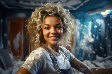 Selfie of a positive young woman builderの素材