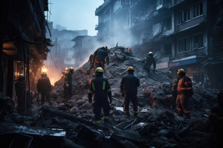 Rescuers are searching for people in a damaged houseの素材