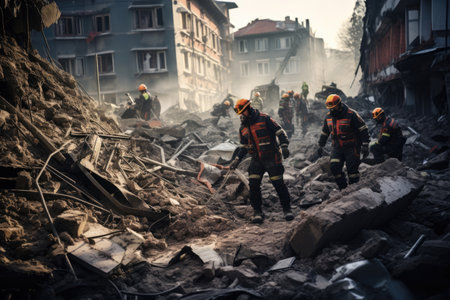 Search and rescue forces searching through a house ruinsの素材