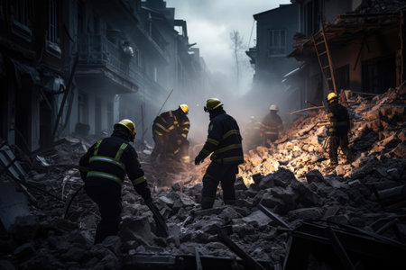 Rescuers are searching for people in a damaged houseの素材