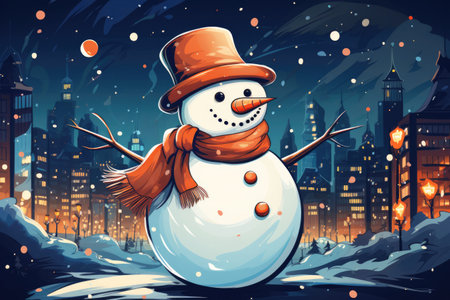 Cute snowman on the background of the night city, in the style of a drawingの素材