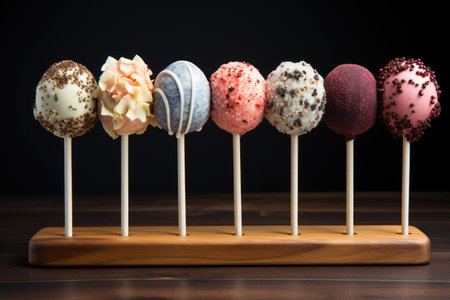 Cake pops with colored icing, closeup. Candy bar for birthdayの素材