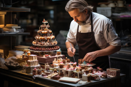 Male chef, confectioner icing, decorates wedding cake in kitchenの素材