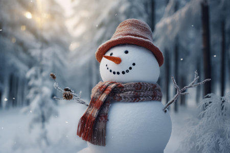 Snowman with hat, scarf in the winter forestの素材