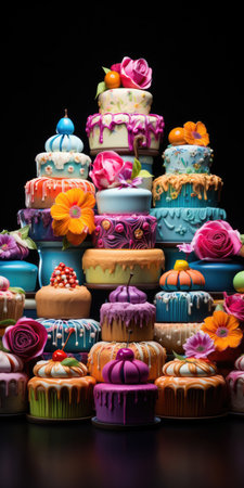 Assortment of birthday cakes in hand drawn style. Vertical orientationの素材