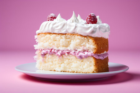 Piece of cake with cream and cherry on a pink backgroundの素材