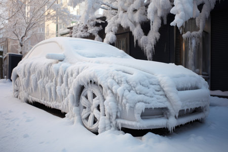 Frozen car covered with snow at winter dayの素材