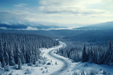 Forest winter road, aerial viewの素材