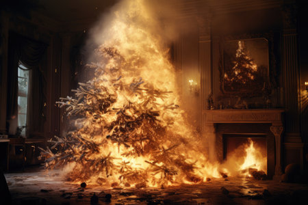 Burning christmas tree, fire safety concept, electrical wiring short circuit or candles burningの素材
