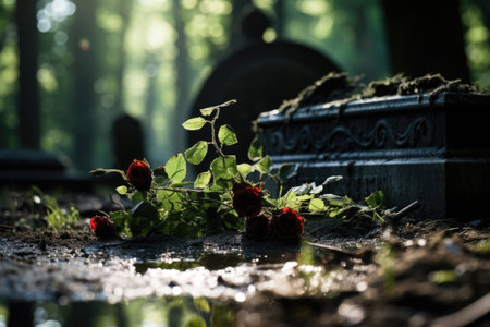 Wilted flowers on an old grave against the backdrop of a blurry cemeteryの素材