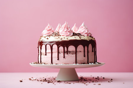 Cake with chocolate and cream on a standの素材