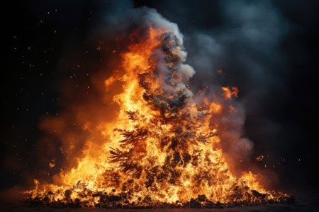 Burning christmas tree, fire safety concept, electrical wiring short circuit or candles burningの素材