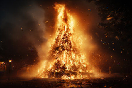 Burning christmas tree, fire safety concept, electrical wiring short circuit or candles burningの素材