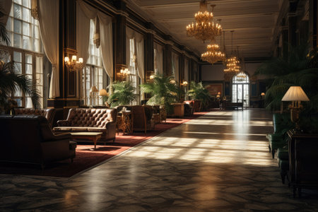 Comfortable hotel lobby interior with sofas and armchairsの素材