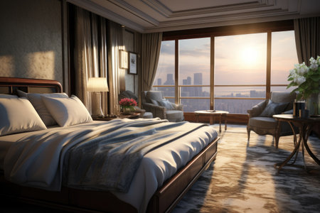 Interior of a cozy hotel room with a large windowの素材