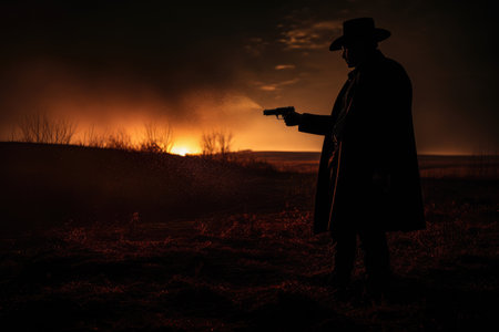 Silhouette of police crime spy with gun in handの素材