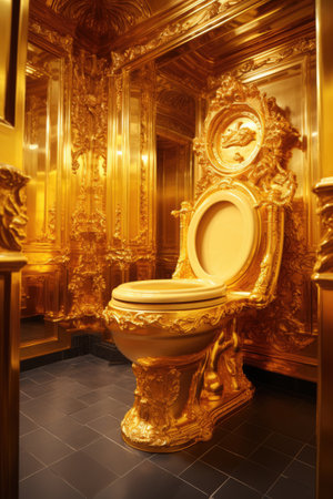 Golden toilet in the interior of a luxury bathroom. Vertical orientationの素材