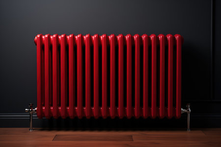 Red Heating radiator on a gray wallの素材