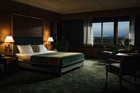 Interior of a cozy hotel room with a large windowの素材