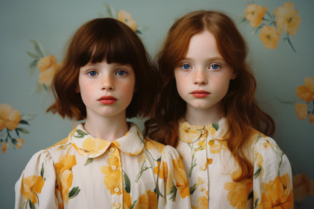 Cute young twin girls in identical clothesの素材