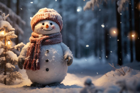 Cute snowman in a hat and scarf in the winter forestの素材