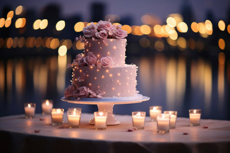 Wedding cake with floral decorations against urban bokeh backgroundの素材
