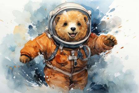 Funny bear astronaut in a spacesuit in watercolor styleの素材