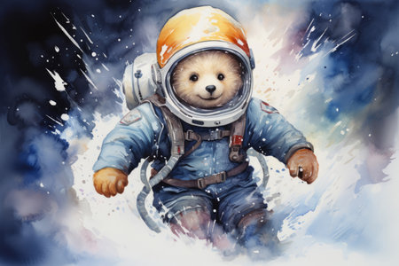 Funny bear astronaut in a spacesuit in watercolor styleの素材